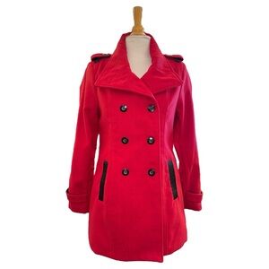 NWT Women's Red Coat with Black Leather Trim, Red Double Breasted Peacoat
